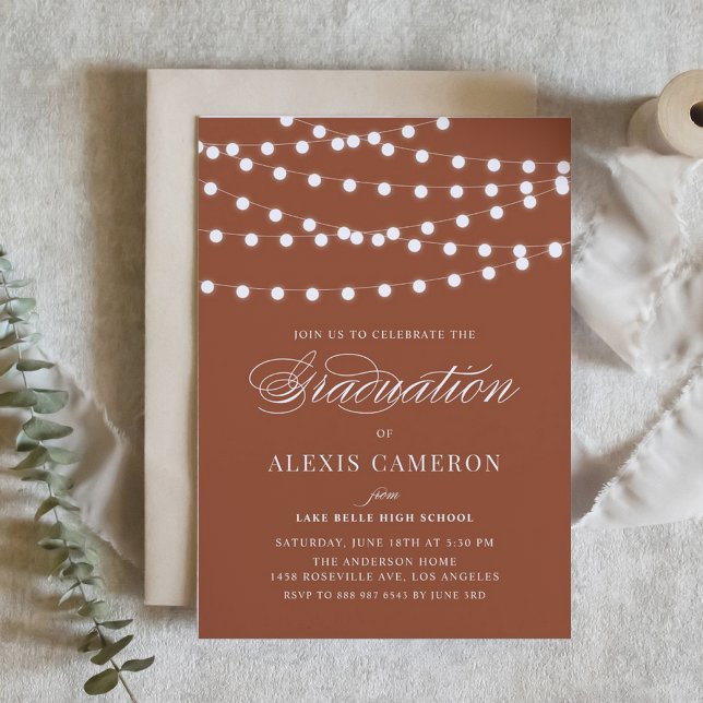 Invitación Partido de Graduación de Terracota (Customizable boho graduation invitation featuring white string lights. Available in other colors.)