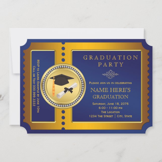 Invitación Partido de Graduación de Ticket Azul y Oro (Anverso)