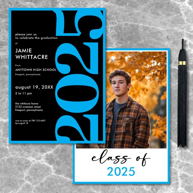 Invitación Partido de Graduación de Tipografía Azul Mínima Mo (Modern Minimal Blue Typography Graduation Party Invitation)