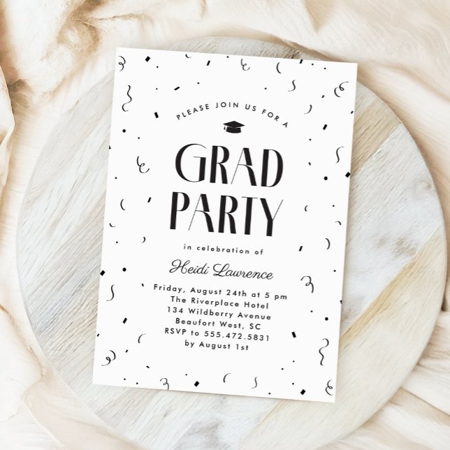 Invitación Partido de Graduación de Tipografía Moderna Negra  (classic black and white modern typography graduation party invite)