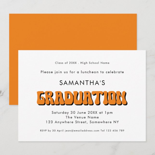 Invitación Partido de Graduación de Tipografía Naranja Retro  (Anverso / Reverso)