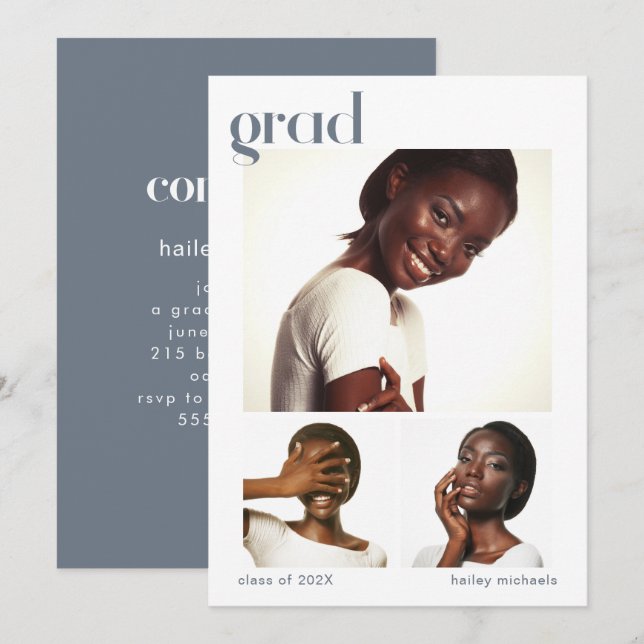 Invitación Partido de Graduación de Tres Collages de fotos Az (Anverso / Reverso)