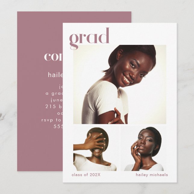Invitación Partido de Graduación de Tres Collages de fotos Ro (Anverso / Reverso)