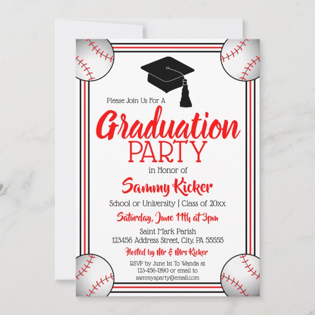 Invitación Partido de Graduación del Béisbol Rojo y Negro (Anverso)