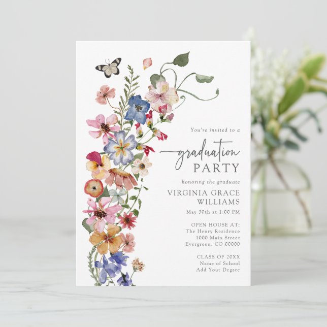 Invitación Partido de Graduación del Boho de Flor Silvestre (Anverso de pie)