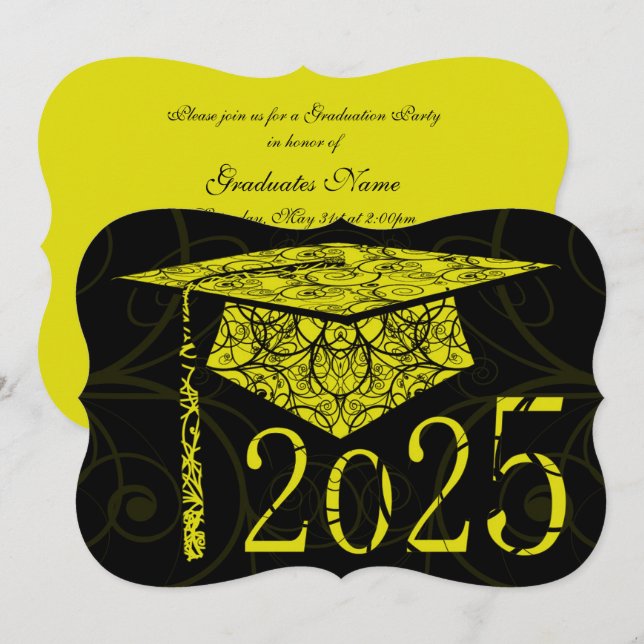 Invitación Partido de Graduación del Cap Floral Amarillo y Ne (Anverso / Reverso)