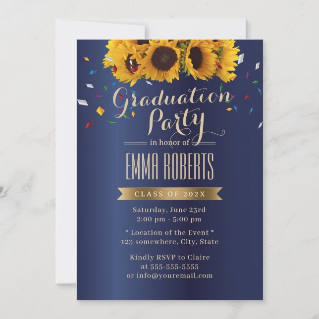 Invitación Partido de Graduación del Confetti Azul de Sunflow (Anverso)