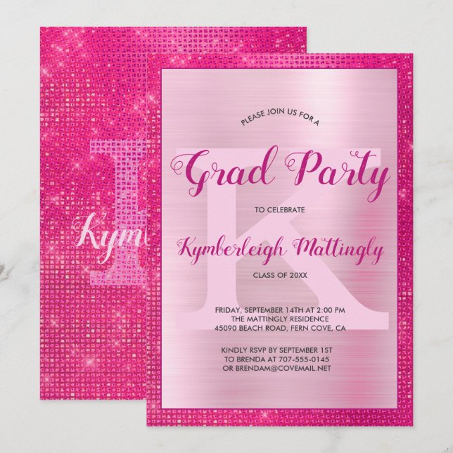 Invitación Partido de Graduación del Diamante de Glam Rosa Ca (Anverso / Reverso)