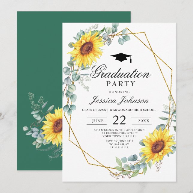 Invitación Partido de Graduación del Eucalipto del girasol de (Anverso / Reverso)