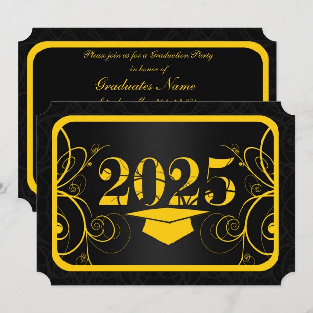 Invitación Partido de Graduación del Marco Amarillo y Negro (Anverso / Reverso)