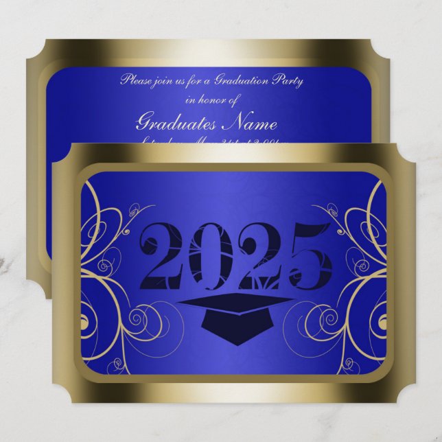 Invitación Partido de Graduación del Marco Azul y Oro (Anverso / Reverso)