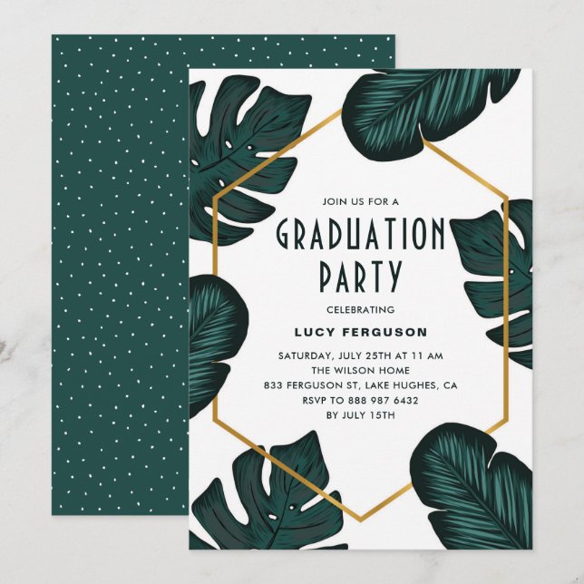 Invitación Partido de Graduación del Marco de Hojas Tropicale (Anverso / Reverso)