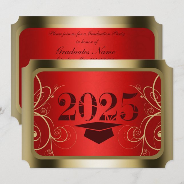 Invitación Partido de Graduación del Marco Rojo y Oro (Anverso / Reverso)