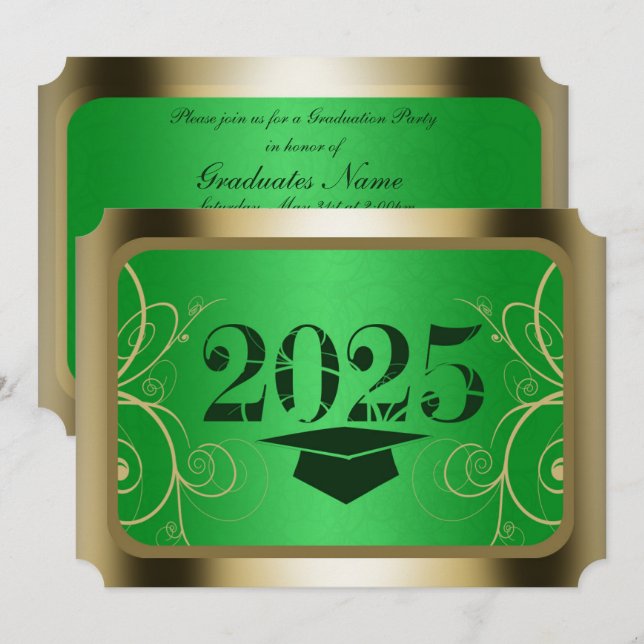 Invitación Partido de Graduación del Marco Verde y Oro (Anverso / Reverso)
