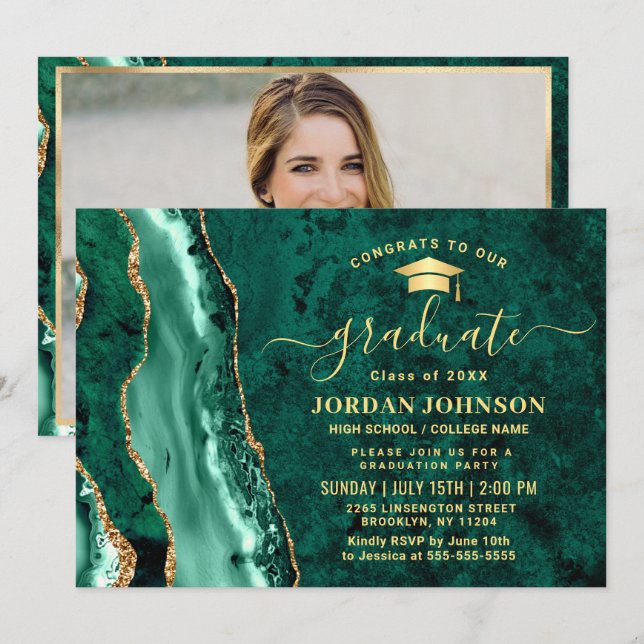 Invitación Partido de Graduación del Mármol Verde de oro mode (Anverso / Reverso)