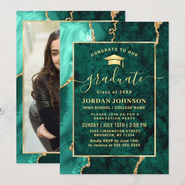 Invitación Partido de Graduación del Mármol Verde de oro mode (Anverso / Reverso)