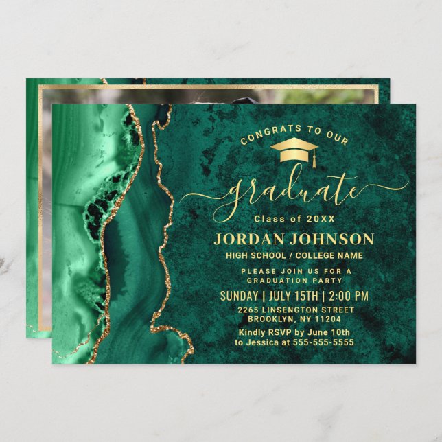 Invitación Partido de Graduación del Mármol Verde de oro mode (Anverso / Reverso)