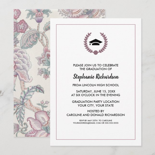 Invitación Partido de Graduación del Patrón Morado Floral (Anverso / Reverso)