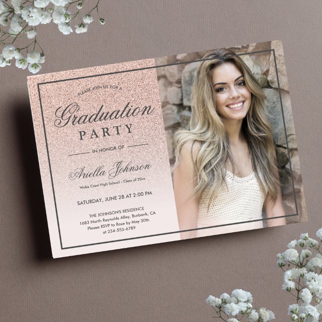 Invitación Partido de Graduación del Pink Rose Gold Purpurina (Rose Gold Graduation Party Invitation)