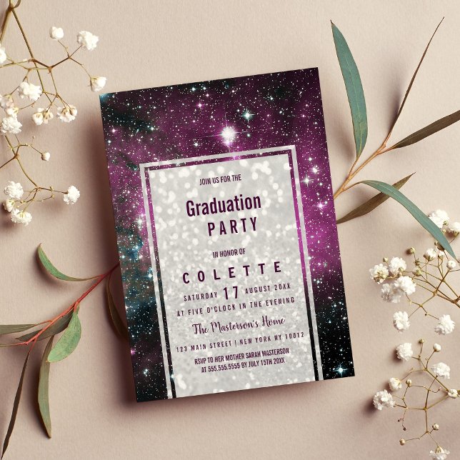 Invitación Partido de Graduación del purpurina blanco morado (Purple pink white glitter nebula Graduation Party )