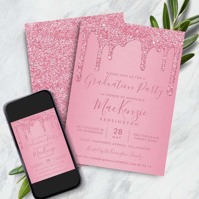 Invitación Partido de Graduación del Purpurina de espuma rosa (Blush Pink Sparkle Glitter Drips Graduation Party Invitation with Instant Download)