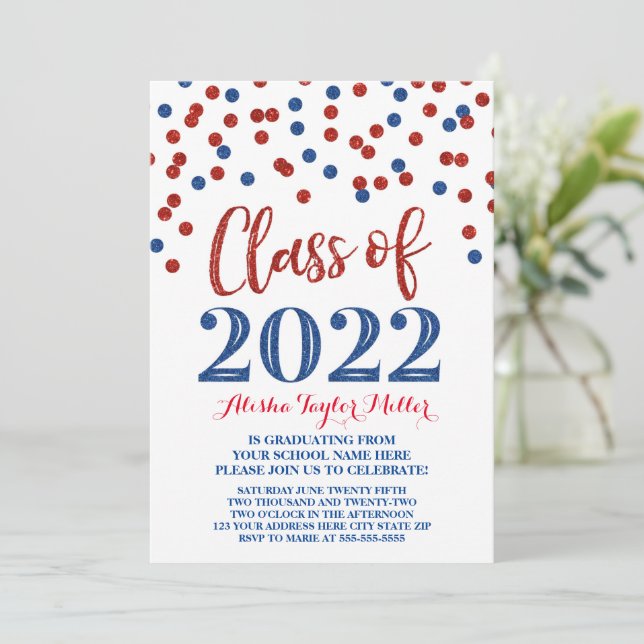 Invitación Partido de Graduación del Purpurina Rojo Azul Conf (Anverso de pie)