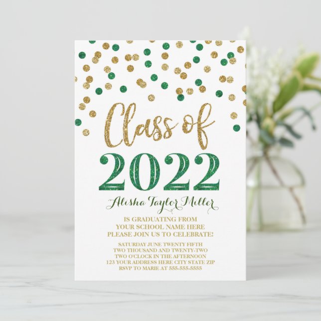 Invitación Partido de Graduación del Purpurina Verde Oro Conf (Anverso de pie)