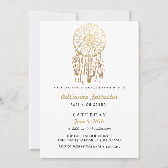 Invitación Partido de Graduación del Relieve metalizado dorad (Anverso)