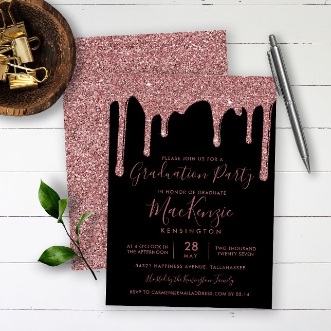 Invitación Partido de Graduación del Rosa Negro Purpurina Oro (Subido por el creador)