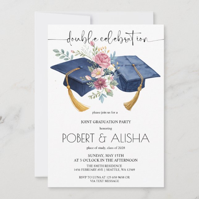 Invitación Partido de graduación doble de flor acuarela (Anverso)