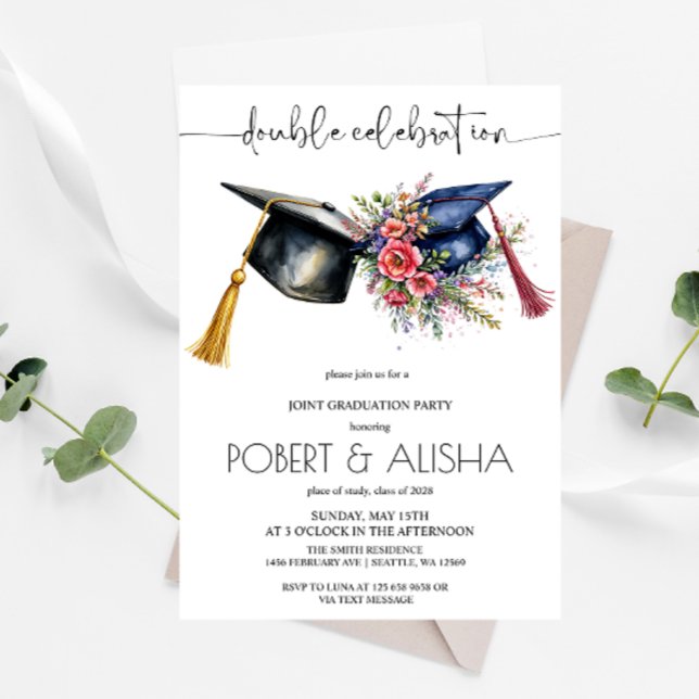 Invitación Partido de graduación doble de flor acuarela (Subido por el creador)