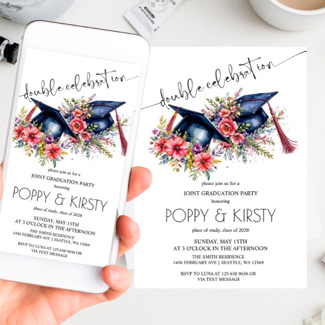 Invitación Partido de graduación doble de flor acuarela (Subido por el creador)