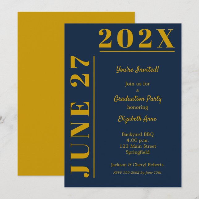 Invitación Partido de Graduación Dorada y Azul (Anverso / Reverso)