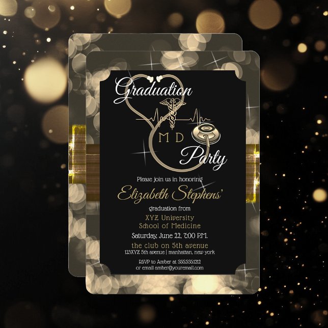 Invitación Partido de Graduación EKG del Médica de Bokeh Stet (Bokeh Doctor "MD" Stethoscope EKG Graduation Party Invitation - Print and/or Digital Download)