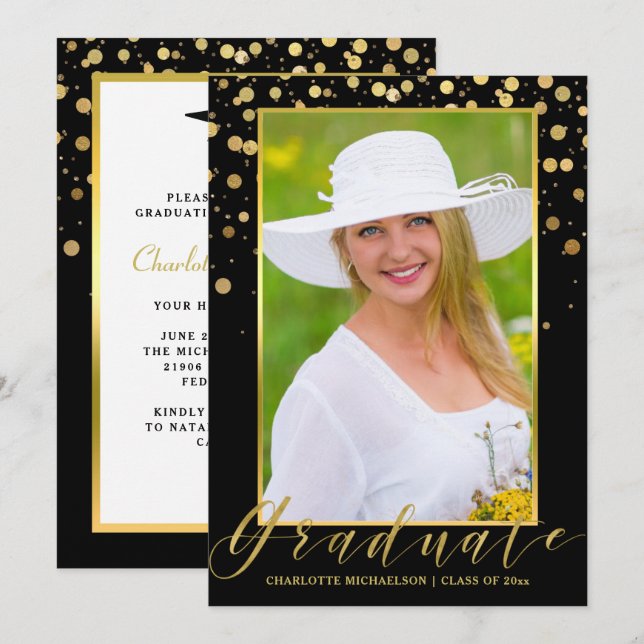 Invitación Partido de Graduación Elegante Black Photo Gold Co (Anverso / Reverso)