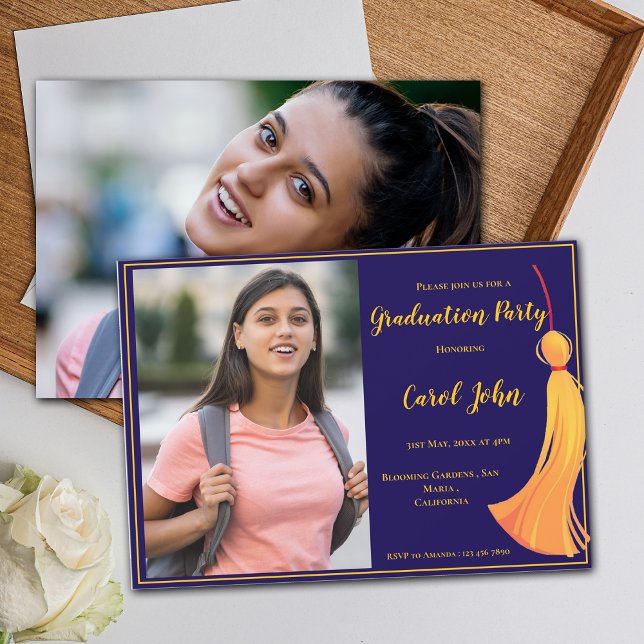 Invitación Partido de Graduación Elegante Blue Gold Tassel 20 (Blue Gold Tassel Elegant 2025 Graduation Party Invitation)