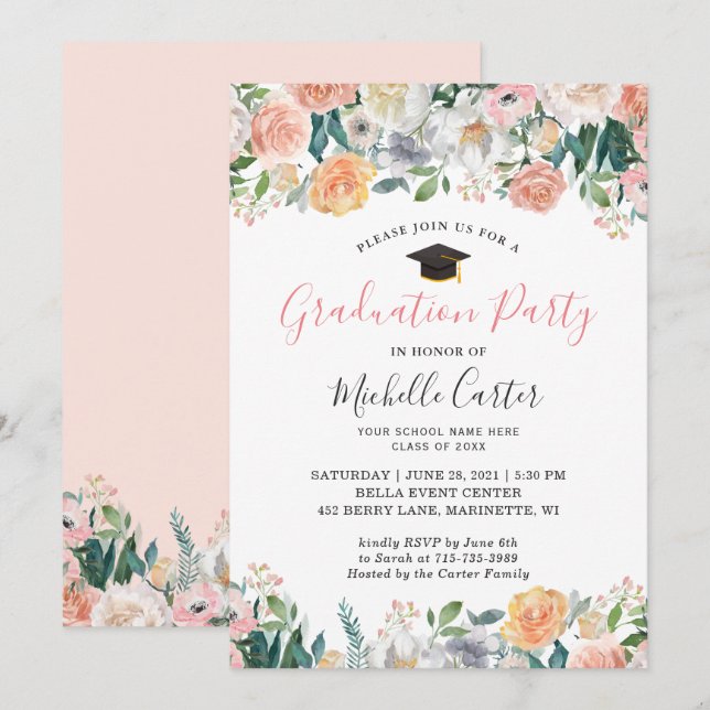 Invitación Partido de Graduación Elegante Jardín Bloom Rosas  (Anverso / Reverso)