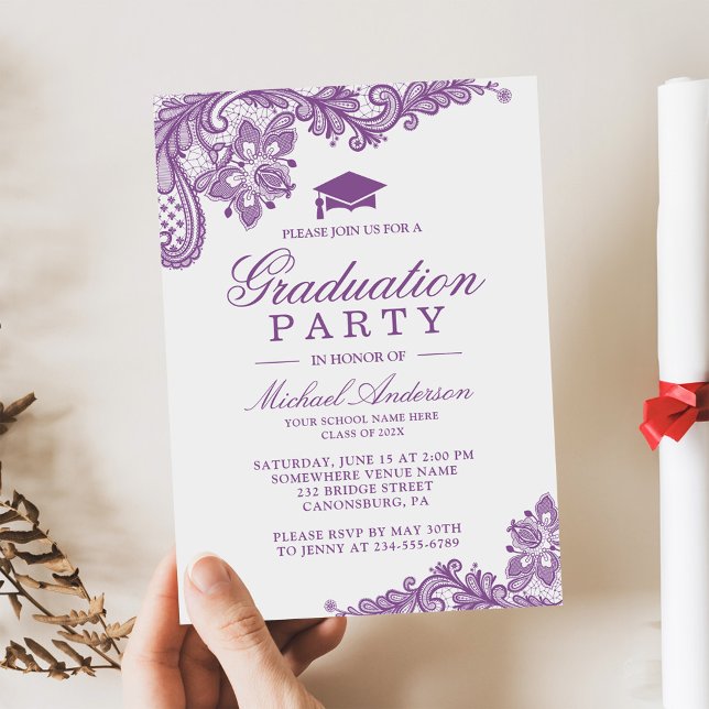 Invitación Partido de Graduación Elegante Lace Lavender Purpl (Subido por el creador)