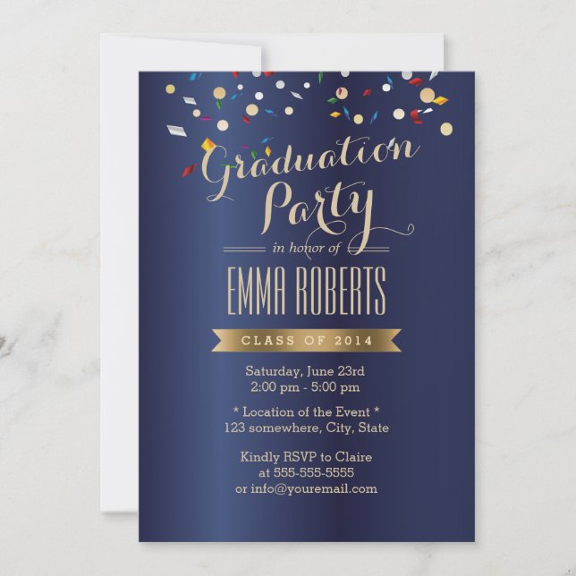 Invitación Partido de Graduación Elegante Navy Blue Confetti (Anverso)