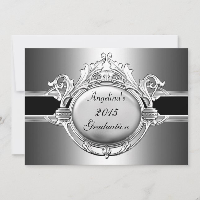 Invitación Partido de Graduación Elegante Plata Negra Metaliz (Anverso)
