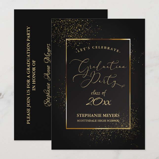 Invitación Partido de Graduación Elegante Purpurina Negro y O (Anverso / Reverso)