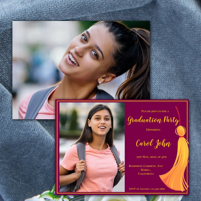 Invitación Partido de Graduación Elegante Red Gold Tassel 202 (Red Gold Tassel Elegant 2025 Graduation Party Invitation)