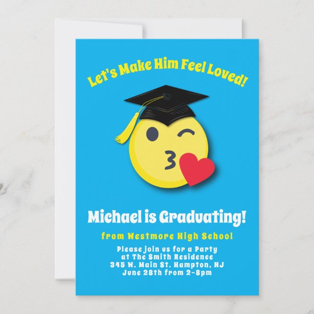 Invitación Partido de Graduación Emoticon Kissy Face Cute (Anverso)