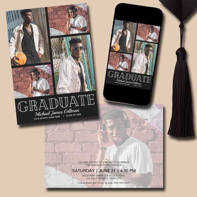 Invitación Partido de Graduación en Negro Multifoto (Multi Photo Black Graduation Party Invitations - PRINTED and/or INSTANT DOWNLOAD)