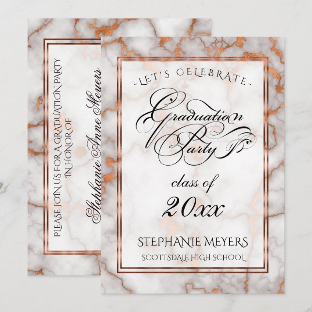 Invitación Partido de Graduación Faux Bright Copper Marble (Anverso / Reverso)