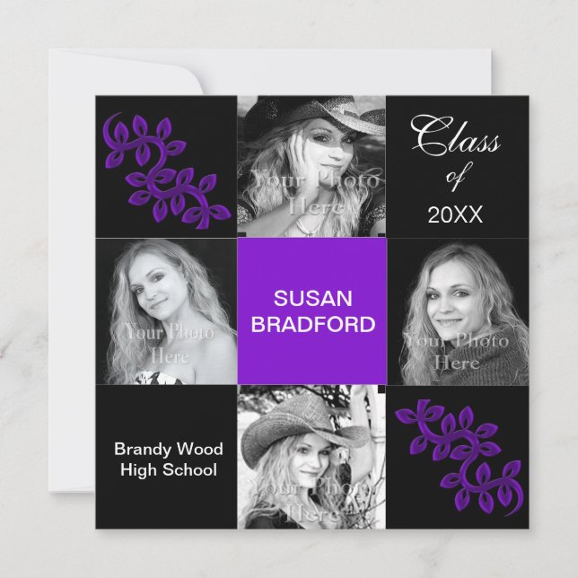 Invitación Partido de Graduación Femenina/Invitación/Púrpura, (Anverso)