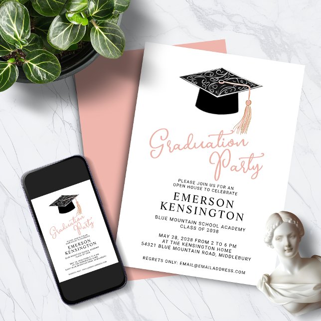 Invitación Partido de Graduación Femenina Moderna (Cute Modern Feminine Graduation Party Invitation with Instant Digital Download Option)