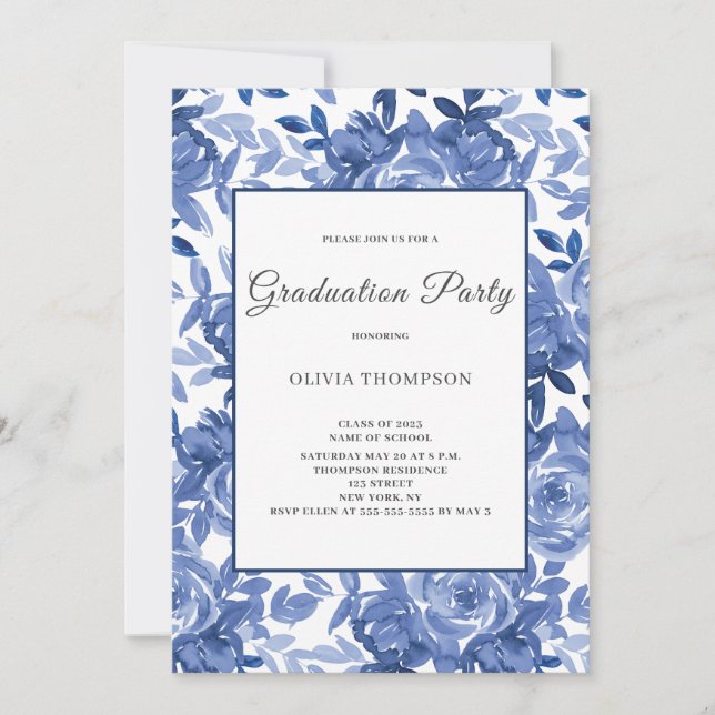 Invitación Partido de Graduación Floral Azul (Anverso)