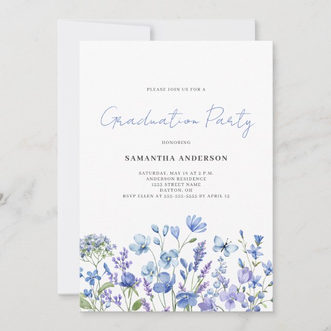 Invitación Partido de Graduación Floral Azul Floral (Anverso)