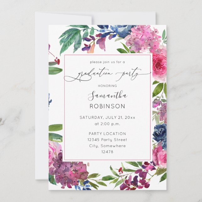 Invitación Partido de Graduación Floral Azul Rosa y Marina Ca (Anverso)